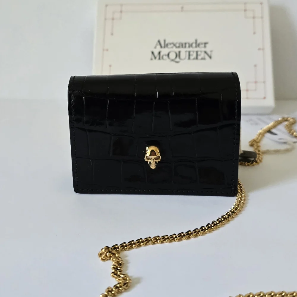 Alexander McQueen Croc-Embossed Leather Card Holder On Chain Black